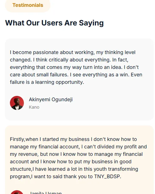 Transforming Nigerian Youth (TNY) Learning Platform, screen 3